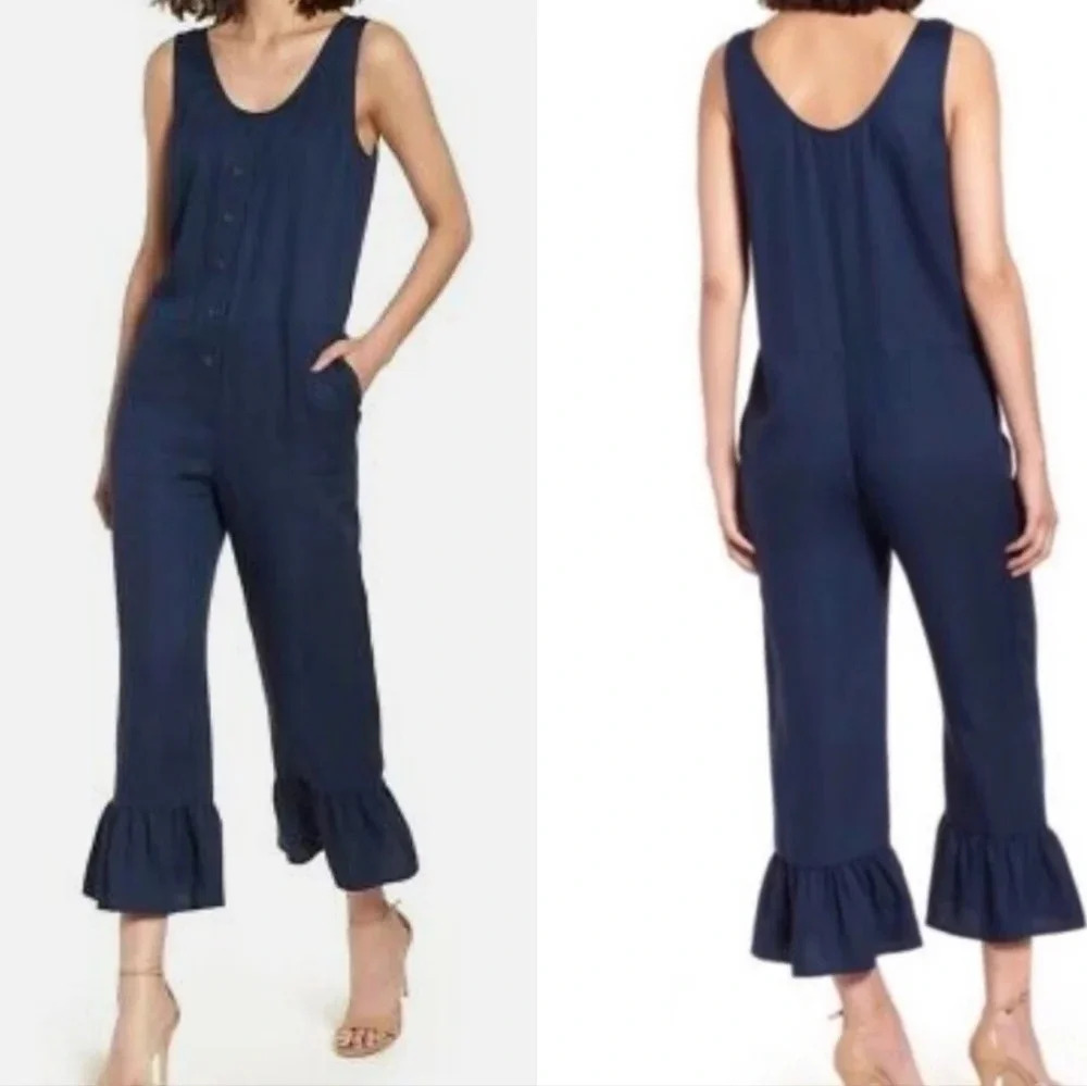 NWOT Chelsea28 Sleeveless Wide Cropped Leg Jumpsuit w/ Ruffle Hem & Pockets.